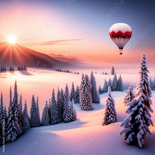 Sunrise in the Mountains with snowy Trees and a Red and White Hot Air Balloon set in the Winter