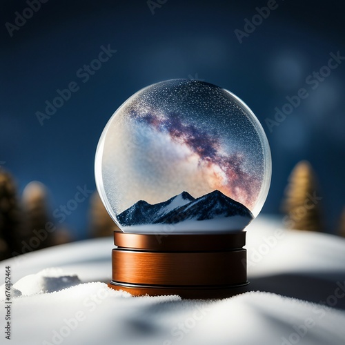 Snow Globe set in the Snow with Mountains and Milky Way reflection in the Glass