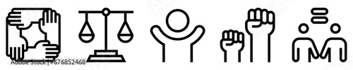 Conjunto de iconos de derechos humanos. Manos entrelazadas, balanza de justicia, persona con brazos alzados, puños arriba, igualdad. ilustración vectorial