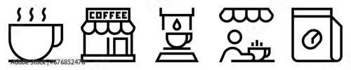 Conjunto de icono de cafetería. Bebida caliente. Taza de café, cafetera expresso, persona tomando café, bolsa del producto. Ilustración vectorial