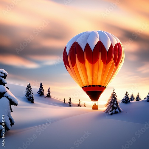 Mountains Snow Multi-Colored Balloon at Sunset