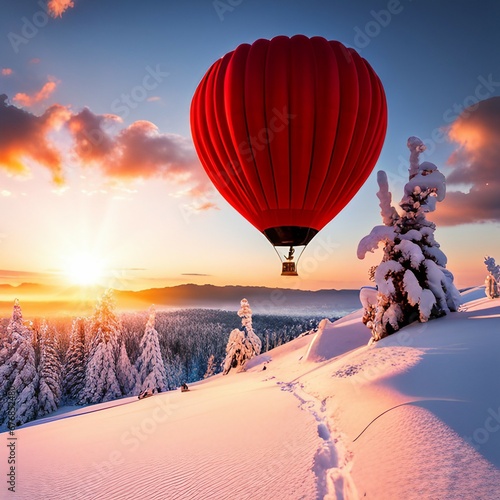 Mountains Snow with Foot Steps to Red Hot Air Balloon at Sunset in Wintertime