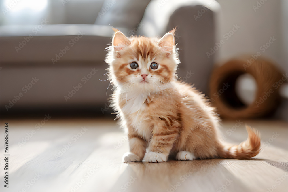 cute fluffy orange kitten standing in the living room