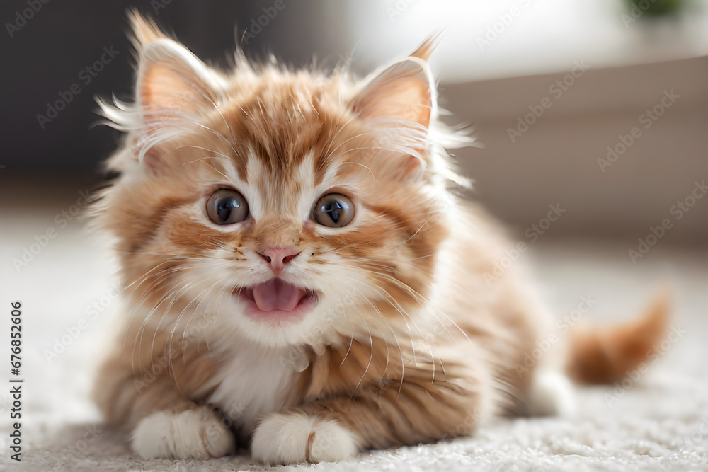 cute fluffy orange kitten sitting in the living room cute fluffy orange kitten sitting in the living room