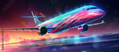 Colorful holographic airplane transportation on dark background. AI generated image