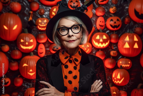 Beautiful Mature Lady in Witch Costume Poses Against an Orange Background, AI generated
