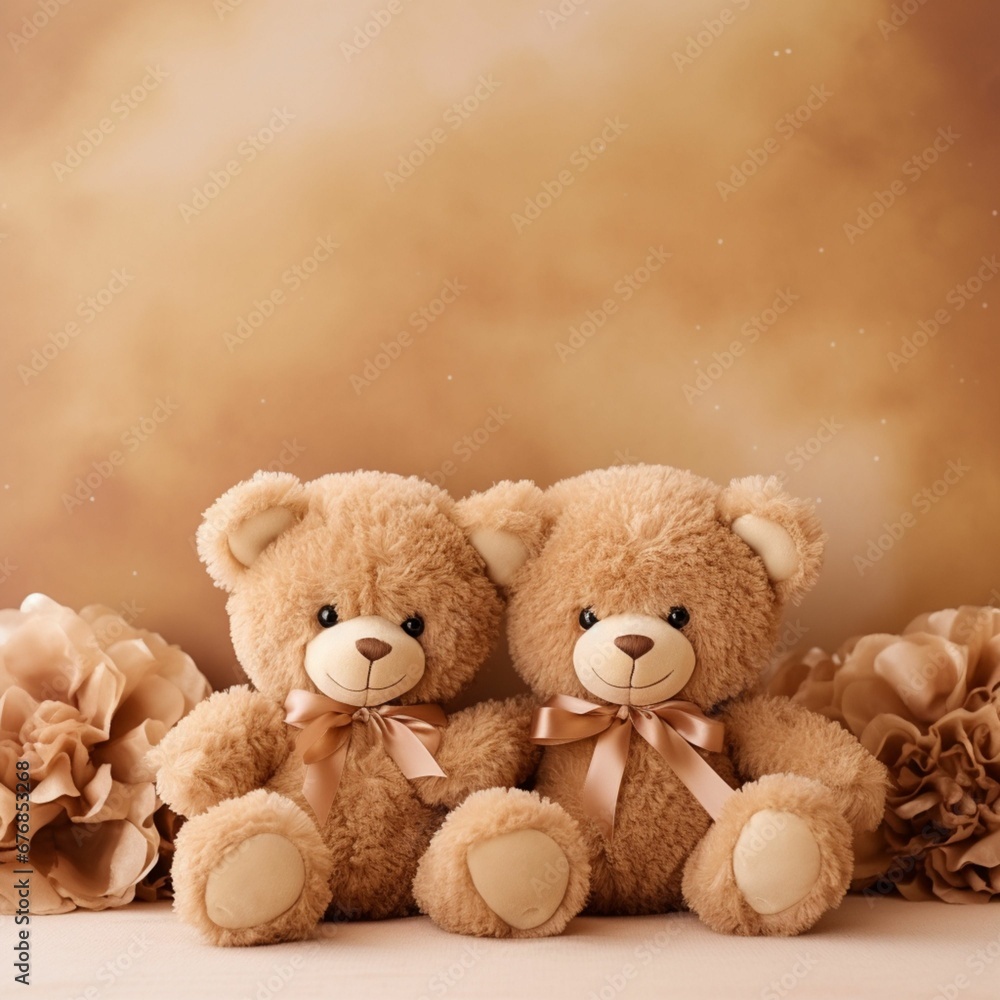 plain background Couple cute teddy bears white and brown tone. plain background Couple cute teddy bears white and brown tone.