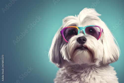 Creative animal concept. Havanese dog puppy in sunglass shade glasses isolated on solid pastel background, commercial, editorial advertisement, surreal surrealism. 