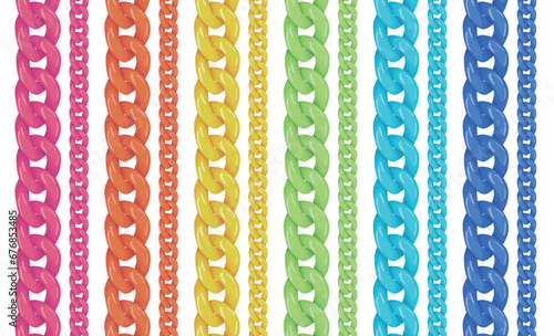 Plasctic chains vector illustration isolated on white background, colorful modern bijouterie design, rainbow colors plastic chains, red yellow, blue green jewelry concept