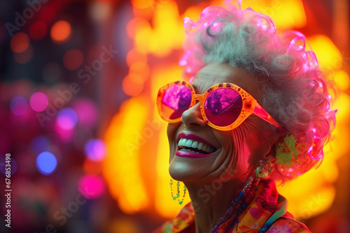 Fashion woman in neon light, portrait of beauty model with fluorescent colour and makeup. Sunglasses. Sustainable Reused Slow Fashion.