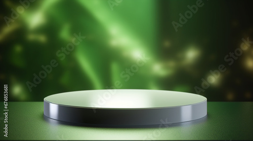 green stage in shape of a podium with spotlight minimalist and glossy for presenting product presentations 