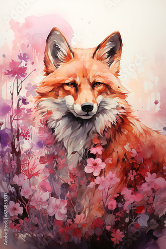 Fototapeta Naklejka Na Ścianę i Meble -  Red fox among pink flowers.