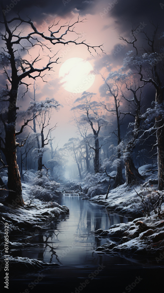 Dark winter forest landscape with a faint sun.