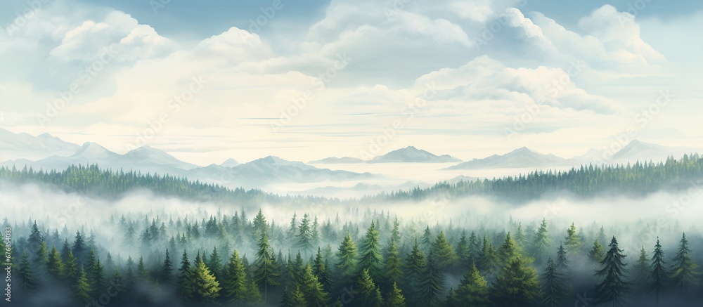 Fototapeta premium Foggy mountain with fir cedar forest nature landscape background. AI generated