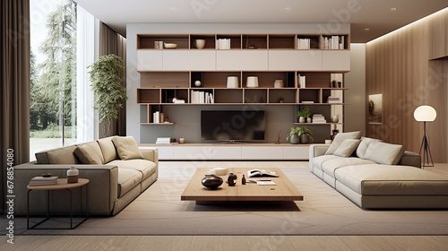 Interior of a modern living room in beige colors.