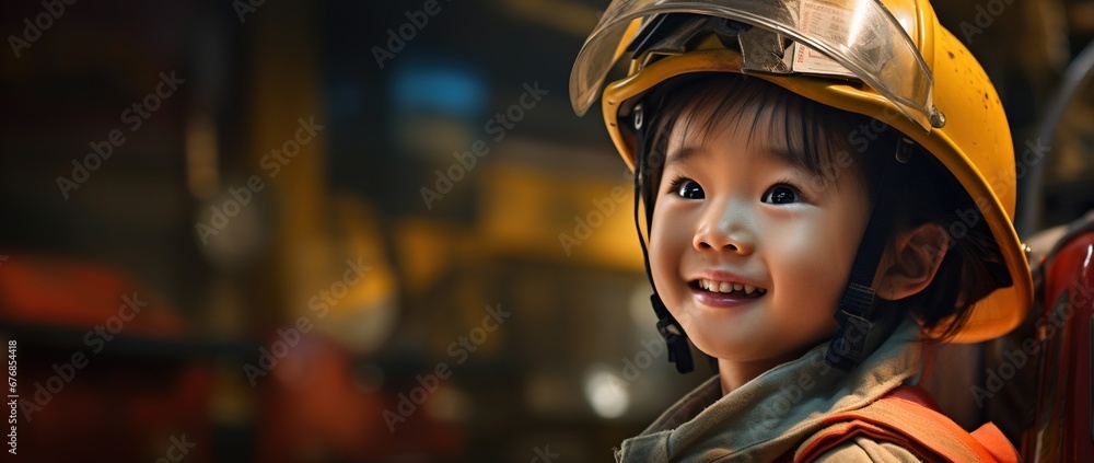 Portrait of smiling asian little girl wearing firefighter uniform standing in fire truck. Portrait of smiling asian little girl wearing firefighter uniform standing in fire truck.