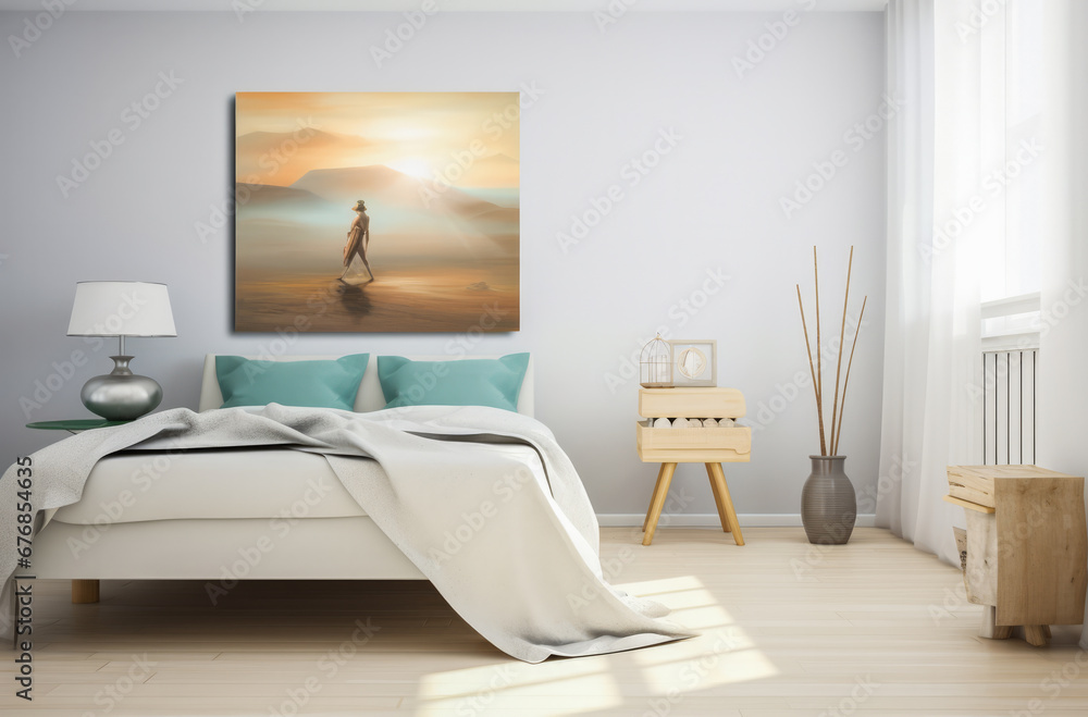 Fototapeta premium Serene Bedroom Interior with Abstract Wall Art and Earthy Decor Accents