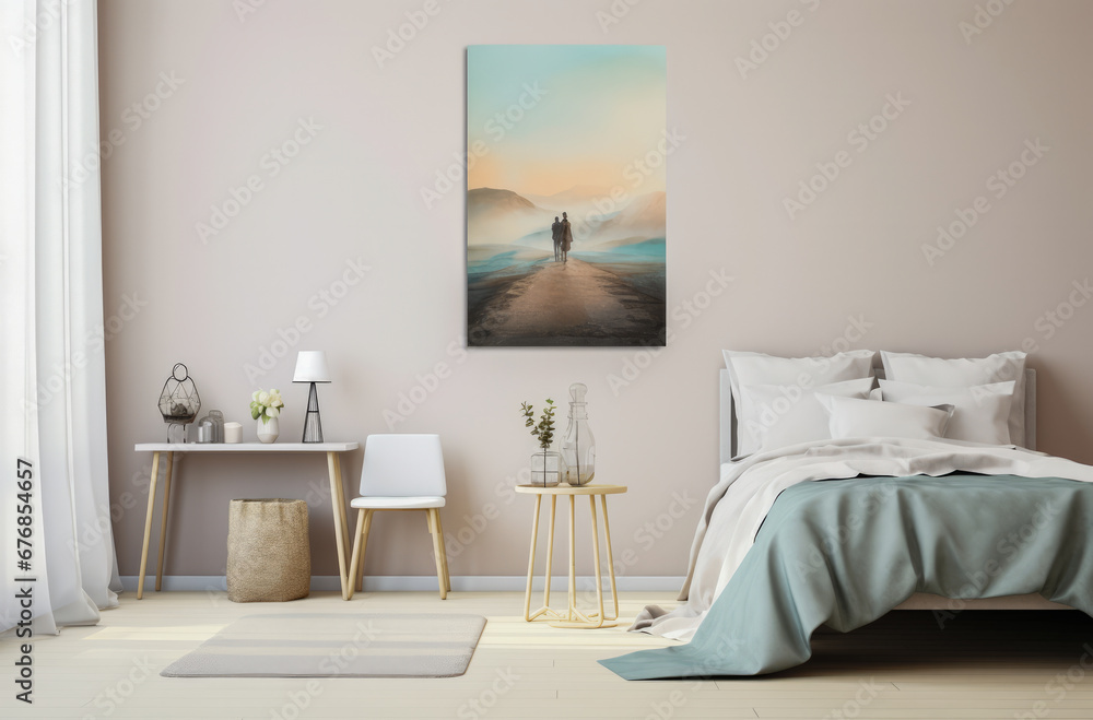 Serene Bedroom Interior with Abstract Wall Art and Earthy Decor Accents Serene Bedroom Interior with Abstract Wall Art and Earthy Decor Accents