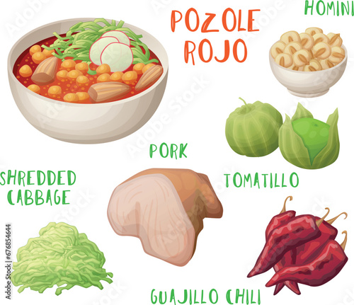 Pozole rojo food vector icons set isolated on white background, spicy soup with ingredients meal collection cartoon illustration, pork, tomatillo, shredded cabbage, homini corn, red guajillo chili