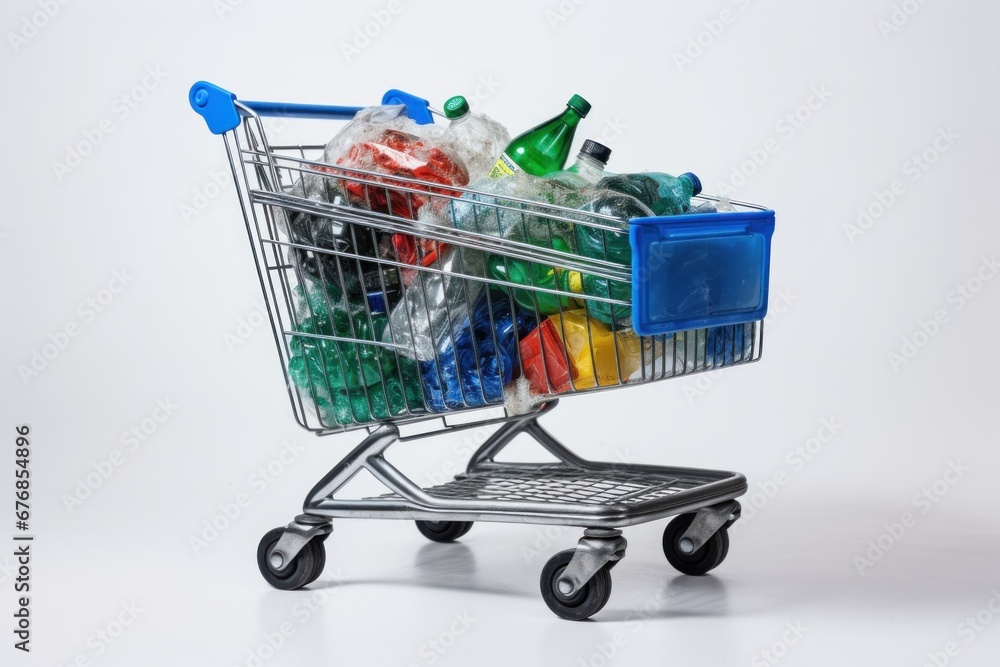 Fototapeta premium a supermarket cart full of plastic bottles and plastic garbage on white background