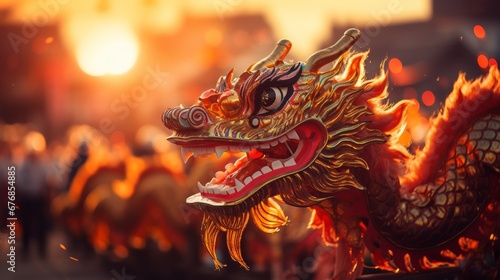 Colorful chinese new year dragon dance costume with intricate design details and cultural symbolism