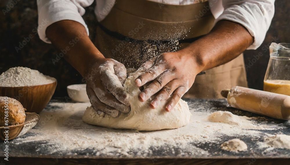 man's hands kneading bread