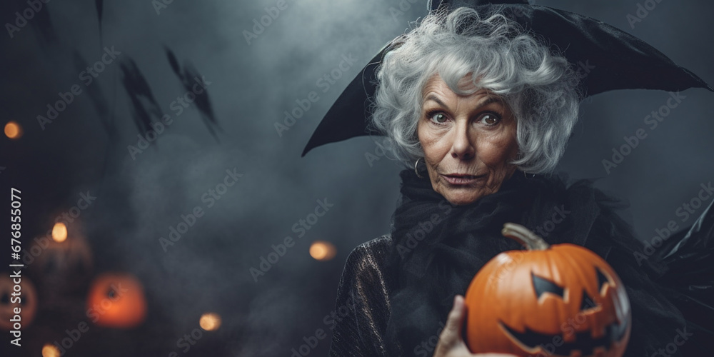 Beautiful Mature Lady in Witch Costume Poses Gracefully Against a Gray Background, AI generated