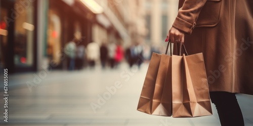 Close up of woman with shopping bags outdoors going to shop