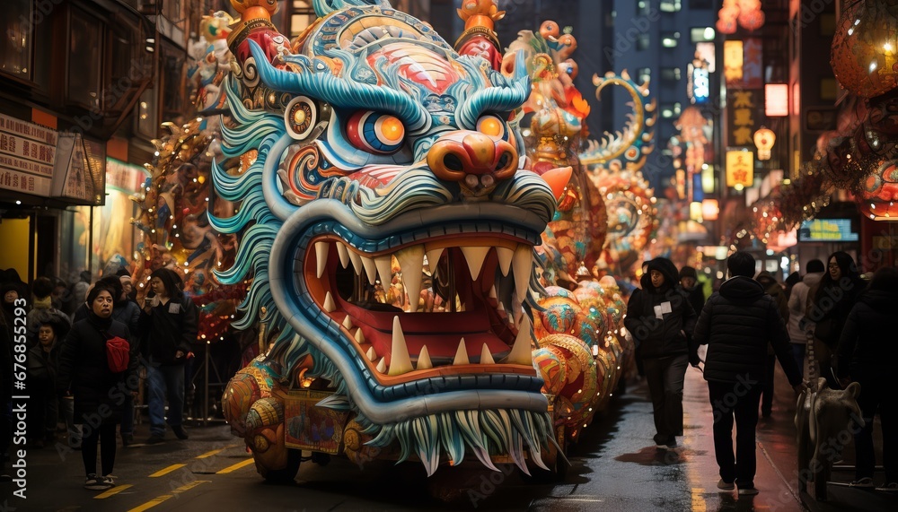 Colorful float of chinese mythological character in chinese new year street procession
