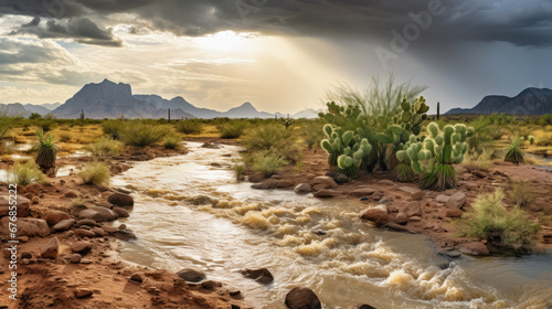 A dry wash filled with water after a storm in the desert