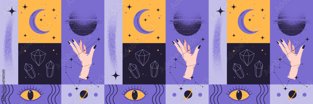 Naklejka premium Astrological pattern. Cosmic elements, planets, comets and stars. Constellation of Aquarius.