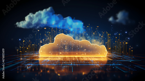 Digital informational technology web futuristic hologram with cloud icon, blue golden light digits and code background, cloud computing, abstract motion of digital data flow