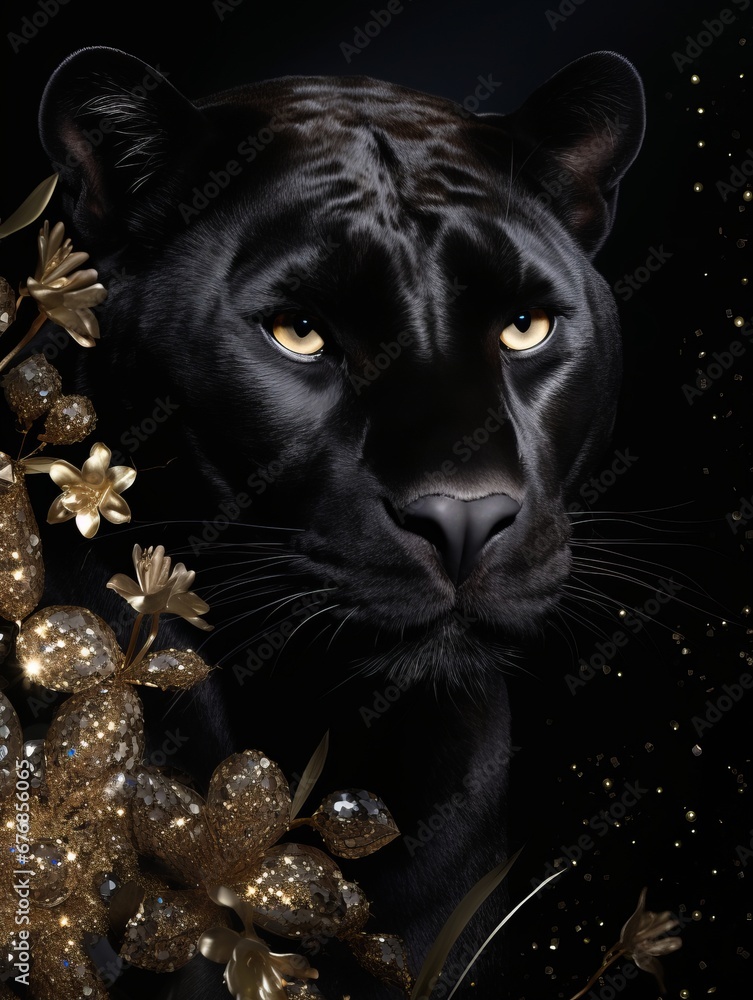 Black panther on dark background, gold glitters