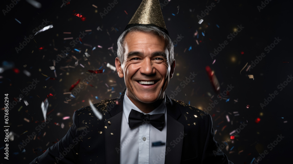 A charming man surrounded by gold and red balloons and festive confetti, with a Christmas tree in the background. A charming man surrounded by gold and red balloons and festive confetti, with a Christmas tree in the background.
