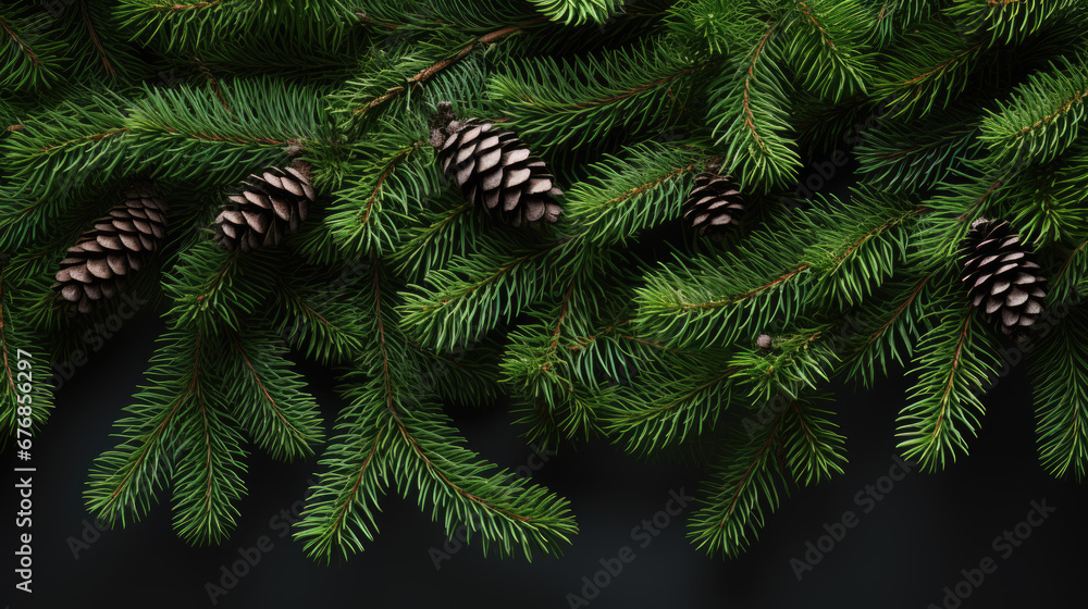 Fir branches with pinecones against a dark and moody background, creating a festive and natural ambiance.