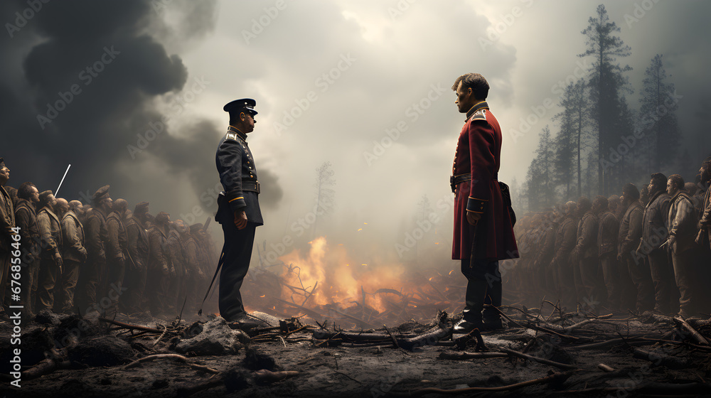 soldiers facing off on the battlefield. soldiers facing off on the battlefield.