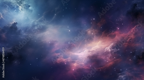Magical Universe background, purple and blue space panorama filled with stars, stardust, nebula and galaxy