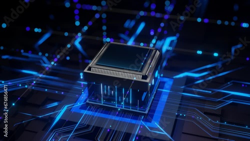 Digital Pulses Propagate: Futuristic Microprocessor Activates on Motherboard. photo