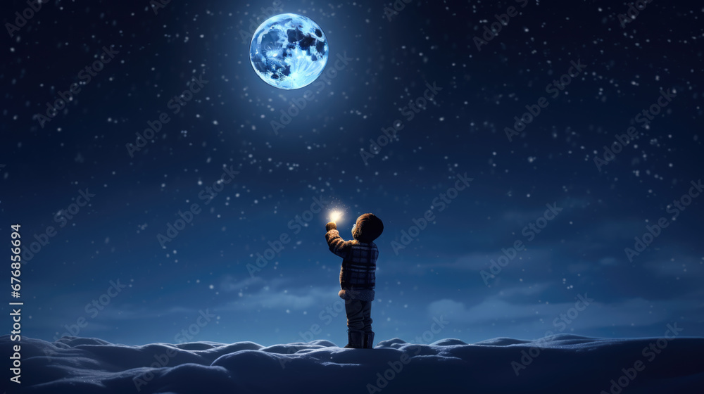 A child in warm winter clothing stands in a snowy landscape at night, gazing at a bright star, with a small illuminated Christmas tree in the background creating a magical holiday scene. A child in warm winter clothing stands in a snowy landscape at night, gazing at a bright star, with a small illuminated Christmas tree in the background creating a magical holiday scene.