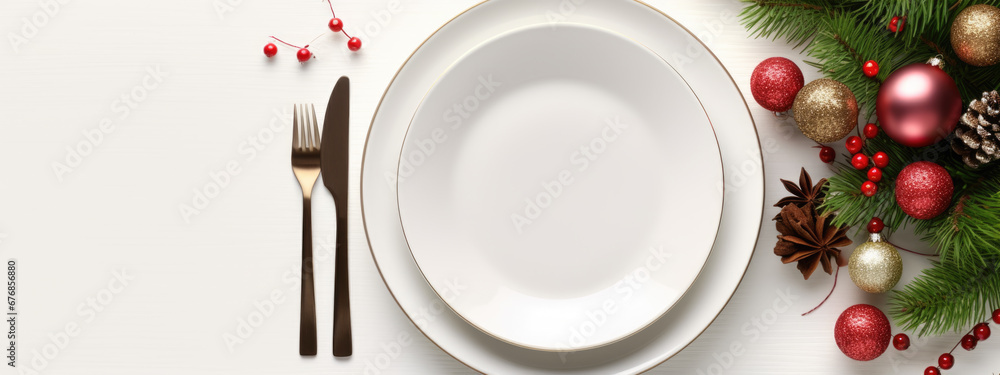 A simple and elegant Christmas table setting features a white plate, gold forks, pine branches, a shimmering bauble, pinecone, and vibrant red berries. A simple and elegant Christmas table setting features a white plate, gold forks, pine branches, a shimmering bauble, pinecone, and vibrant red berries.