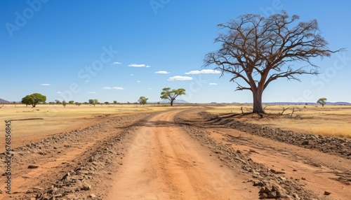 Drought and climate change metaphor cracked earth and lifeless trees in desolate landscape