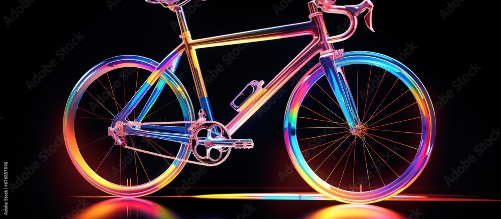 Fototapeta premium Colorful hologram bicycle drawing style on black background. AI generated image