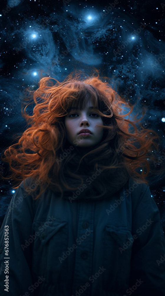A girl with long red hair against the background of a starry sky.