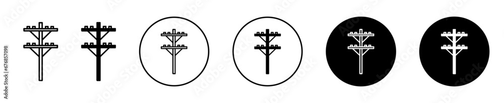 power pole icon set. electricity electric tower vector symbol. electrical powerline sign in black filled and outlined style. - obrazy, fototapety, plakaty 