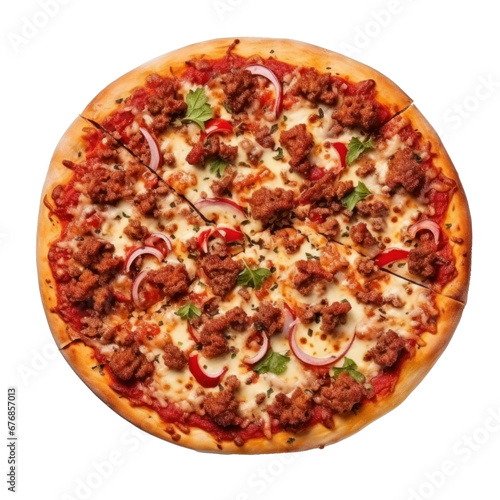 Crust beef meat pizza on transparent background, aerial view. 