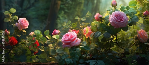 In the picturesque landscape of a summer garden the vibrant green leaves and colorful floral arrangements create a stunning background for the graceful rose showcasing the beauty of nature s