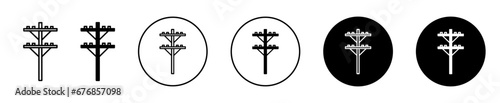 power pole icon set. electricity electric tower vector symbol. electrical powerline sign in black filled and outlined style. photo