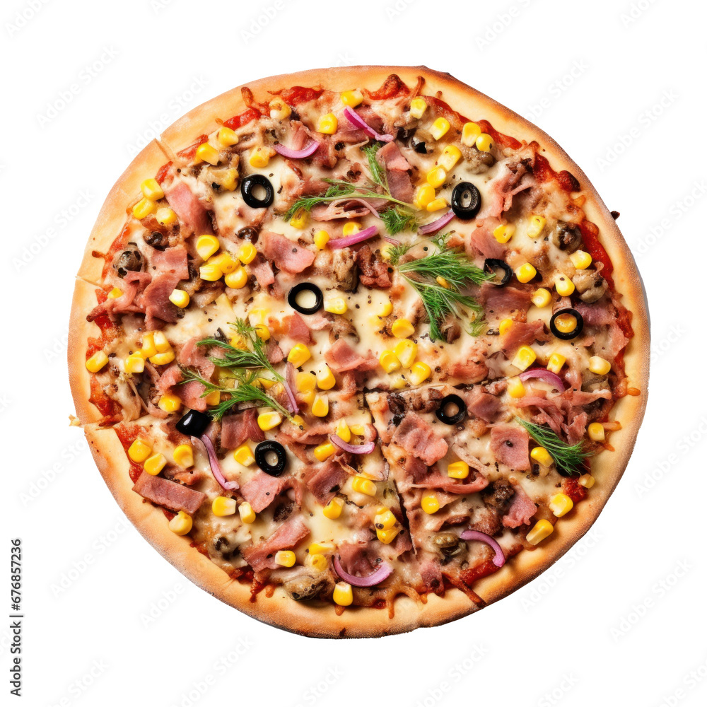 Aerial view of pizza with tuna, corn and olives, isolated on white background. 