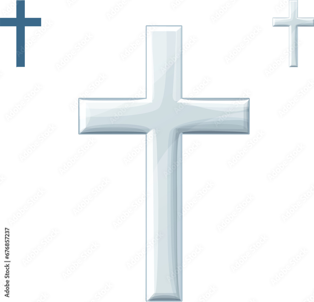 Silver cross vector icon isolated on white background, metal simple cross illustration, symbol of religious jewelry