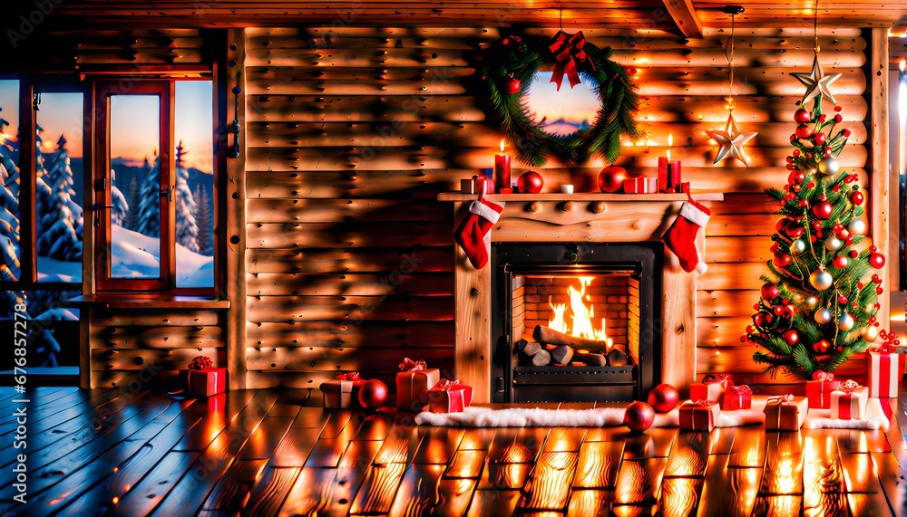 Rustikale Hütte mit Kaminfeuer - weihnachtlich geschmückt